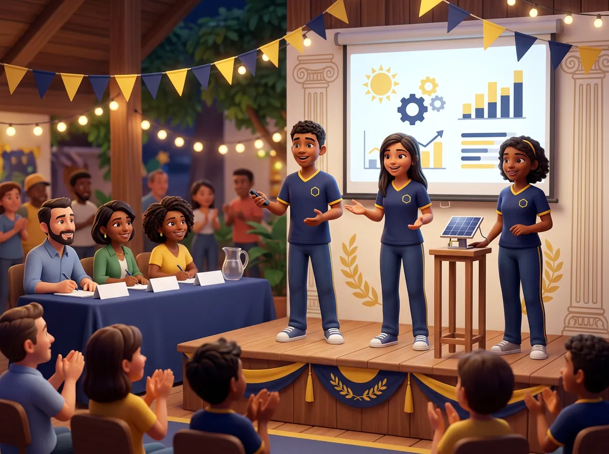 Ilustração: alunos apresentando startup para banca