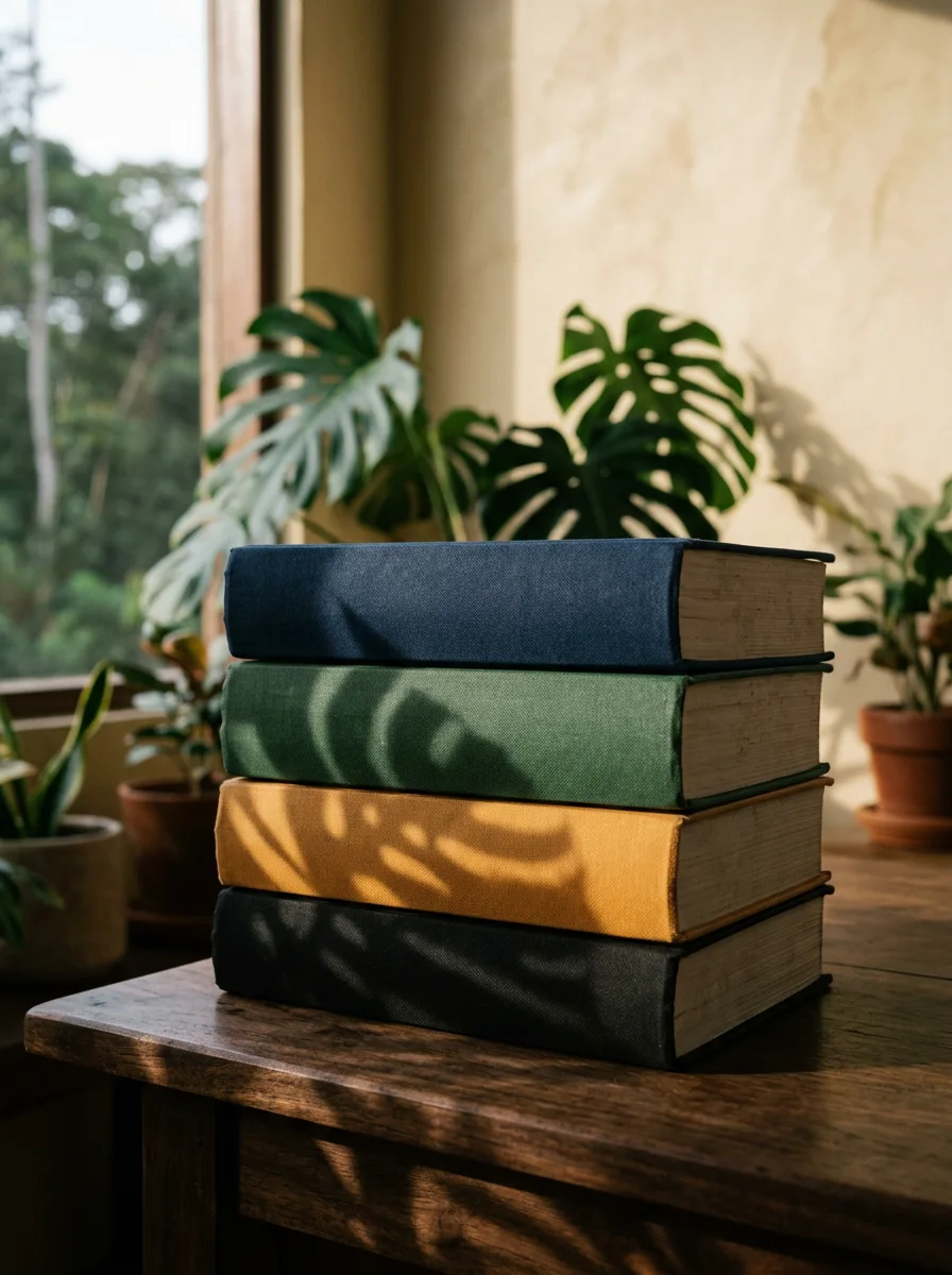Pilha de livros com lombadas azul, verde, âmbar e preta sob a luz da tarde, com folhas de costela-de-adão
