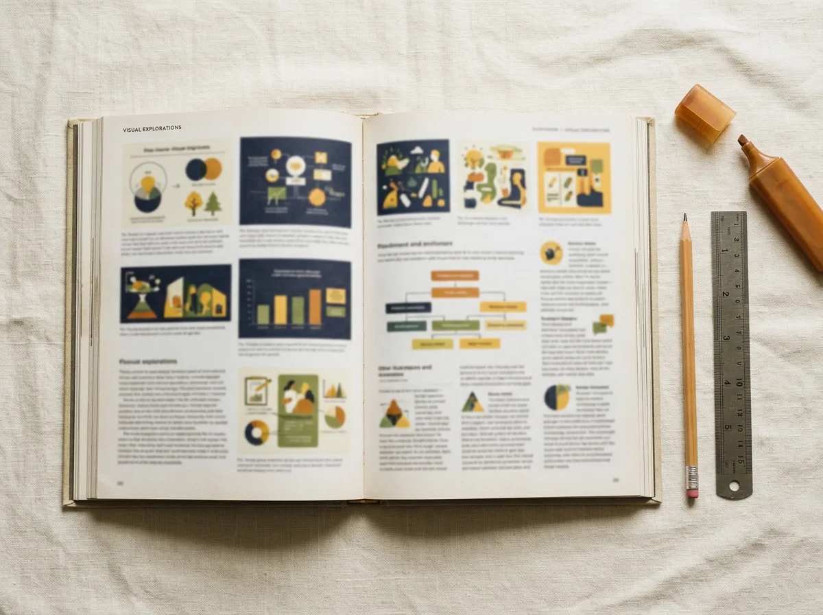 Livro didático aberto sobre a mesa, com lápis, régua e marca-texto