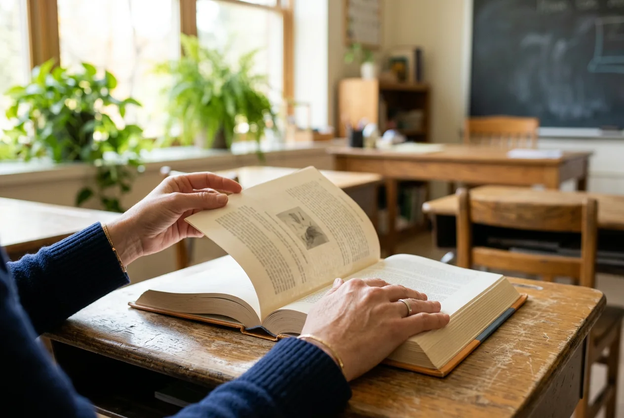 Mãos de um professor abrindo um livro didático sobre a mesa da sala de aula
